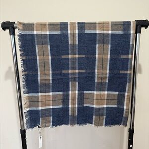 Plaid Fringe Scarf in Blue and Tan